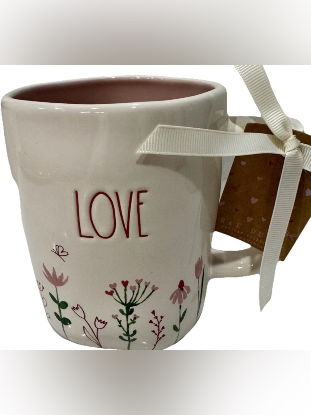 RAE DUNN SPRING SUMMER VALENTINES DAY COFFEE MUG “LOVE” w/FLOWERS AROUND BOTTOM